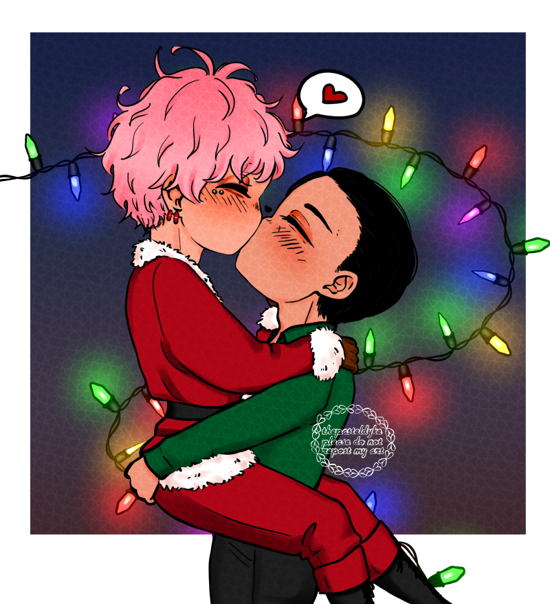 Semi-chibi style drawing of Maeda and Takeuchi from Mars Red. Maeda is lifting Takeuchi as they kiss, Takeuchi's legs on either side of Maeda's hips, his left hand on Maeda's cheek, his right on his shoulder. Their eyes are closed. There are colourful christmas lights behind them. Takeuchi is wearing a Santa outfit sans the hat.